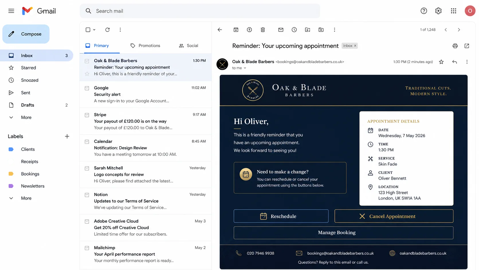 Smart appointment reminder in email inbox