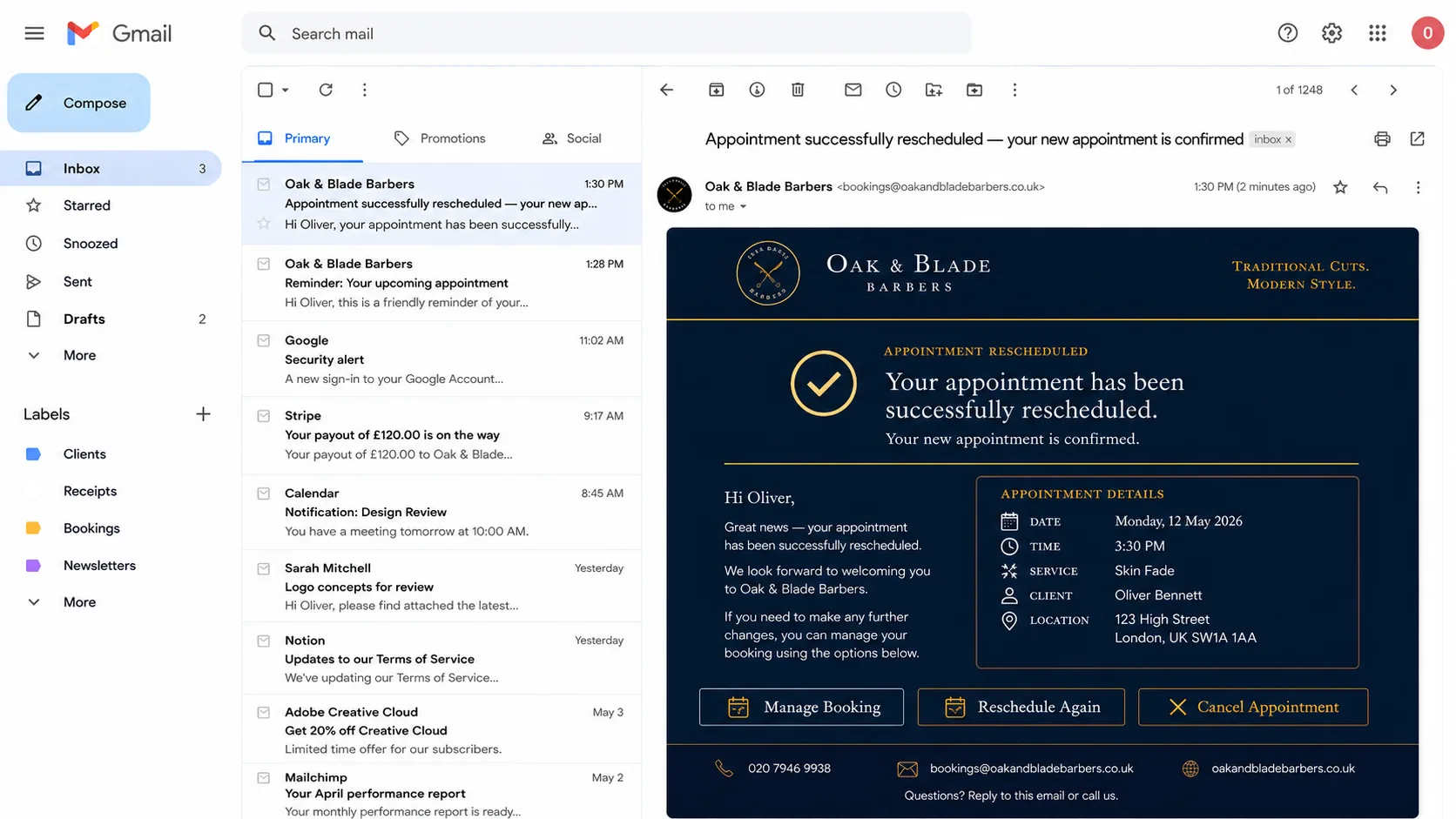Reschedule confirmation email with new appointment details