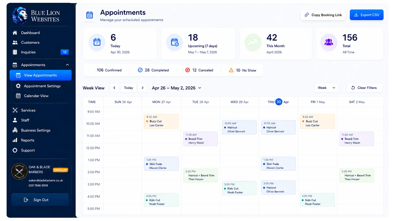 Weekly calendar view with appointment time slots