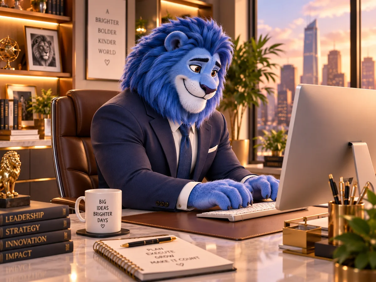 Blue Lion Websites mascot building a client website — see your website before you pay