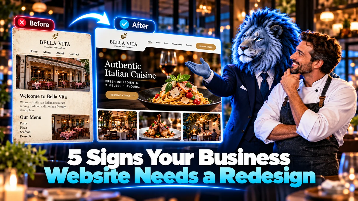 Before and after comparison showing outdated Bella Vita restaurant website transformed into modern, professional design