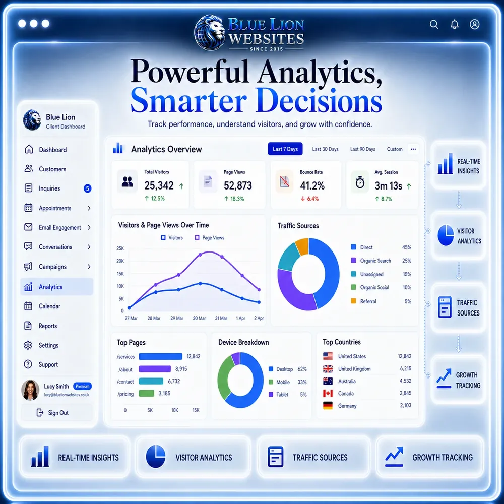 Blue Lion analytics dashboard for visitor trends, traffic sources, and growth tracking