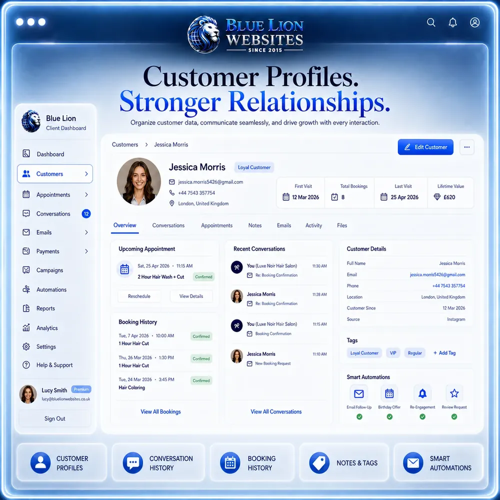 Blue Lion customer profile view showing contact details, conversation history, and booking records