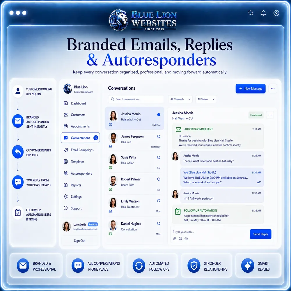 Blue Lion branded email conversations and autoresponder workflow inside the dashboard