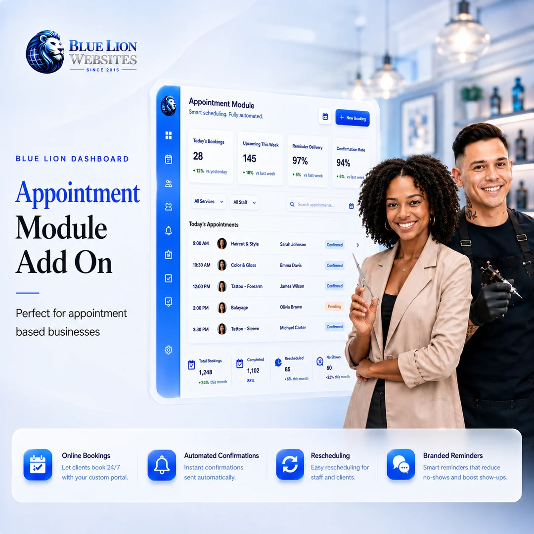 Blue Lion appointment module dashboard showing bookings, reminders, confirmations, and staff scheduling
