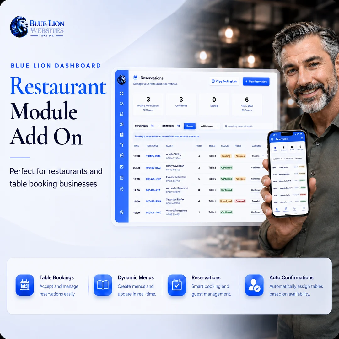 Blue Lion restaurant module dashboard showing table bookings, reservations, dynamic menus, and auto confirmations