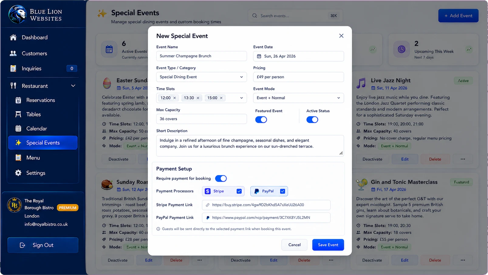 Special event setup with payment processing and time slots