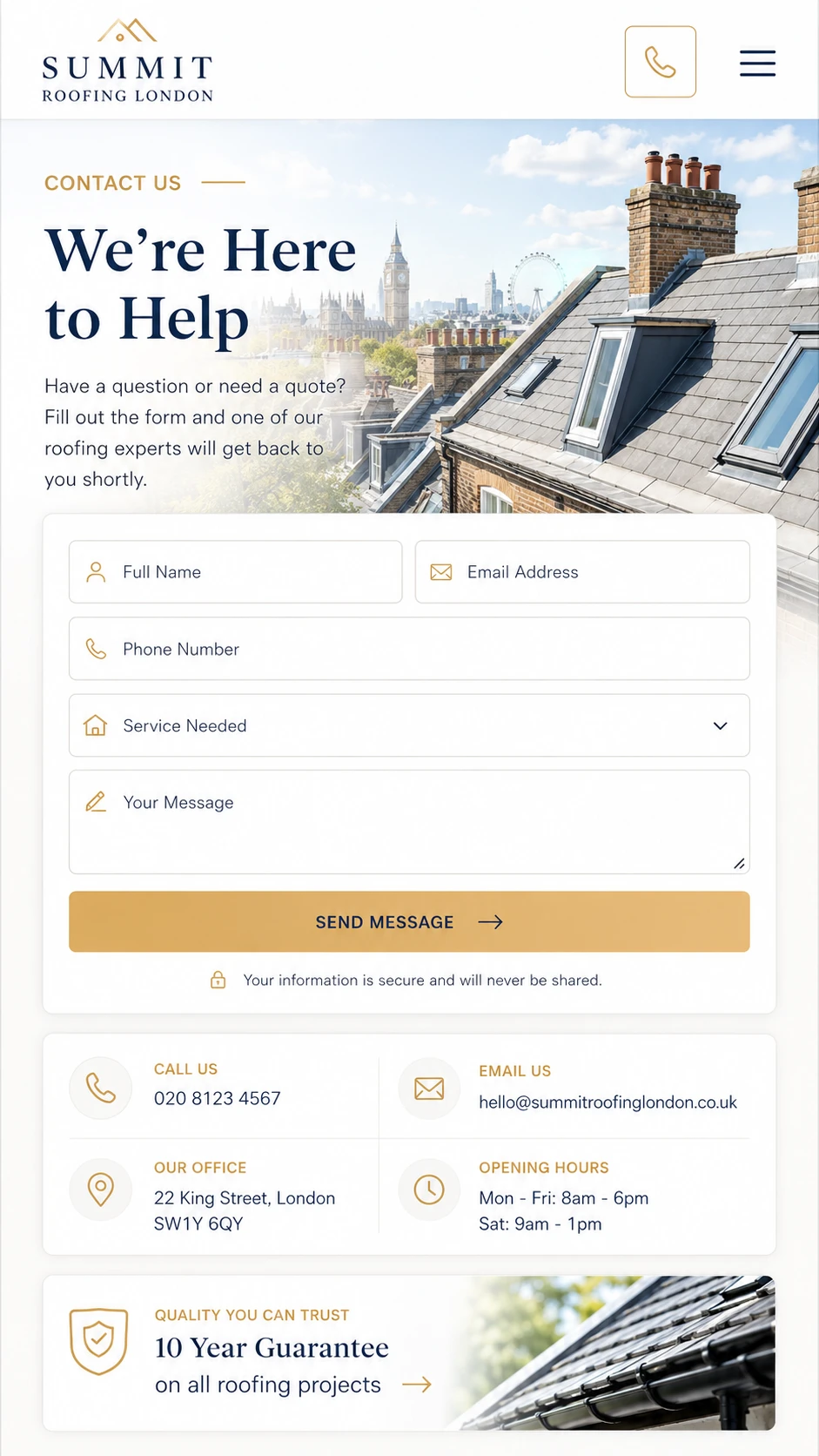Roofer website — mobile view